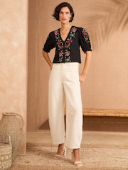 Love & Roses Black Cotton Dobby Puff Sleeve Embroidered Blouse - Image 2 of 4