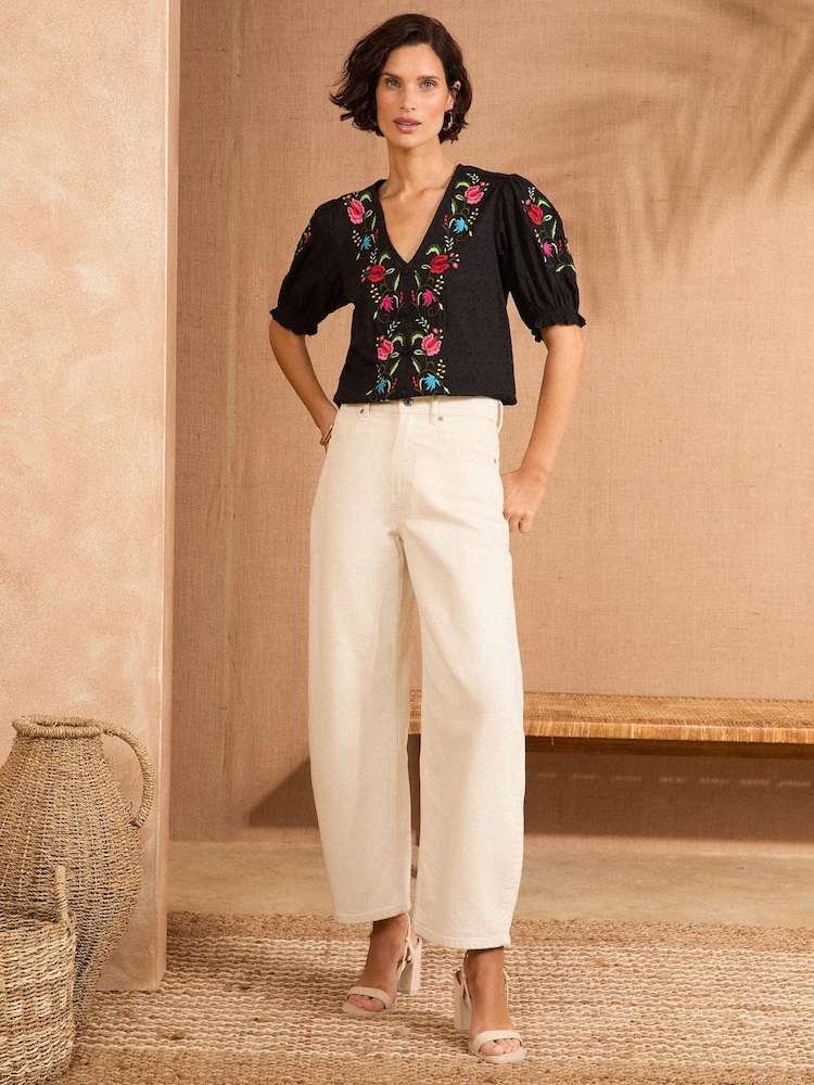 Love & Roses Black Cotton Dobby Puff Sleeve Embroidered Blouse - Image 2 of 4 Love & Roses Black Cotton Dobby Puff Sleeve Embroidered Blouse - Image 2 of 4