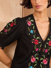 Love & Roses Black Cotton Dobby Puff Sleeve Embroidered Blouse - Image 3 of 4