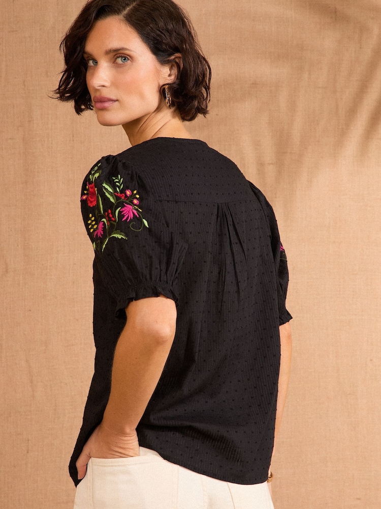 Love & Roses Black Cotton Dobby Puff Sleeve Embroidered Blouse - Image 4 of 4
