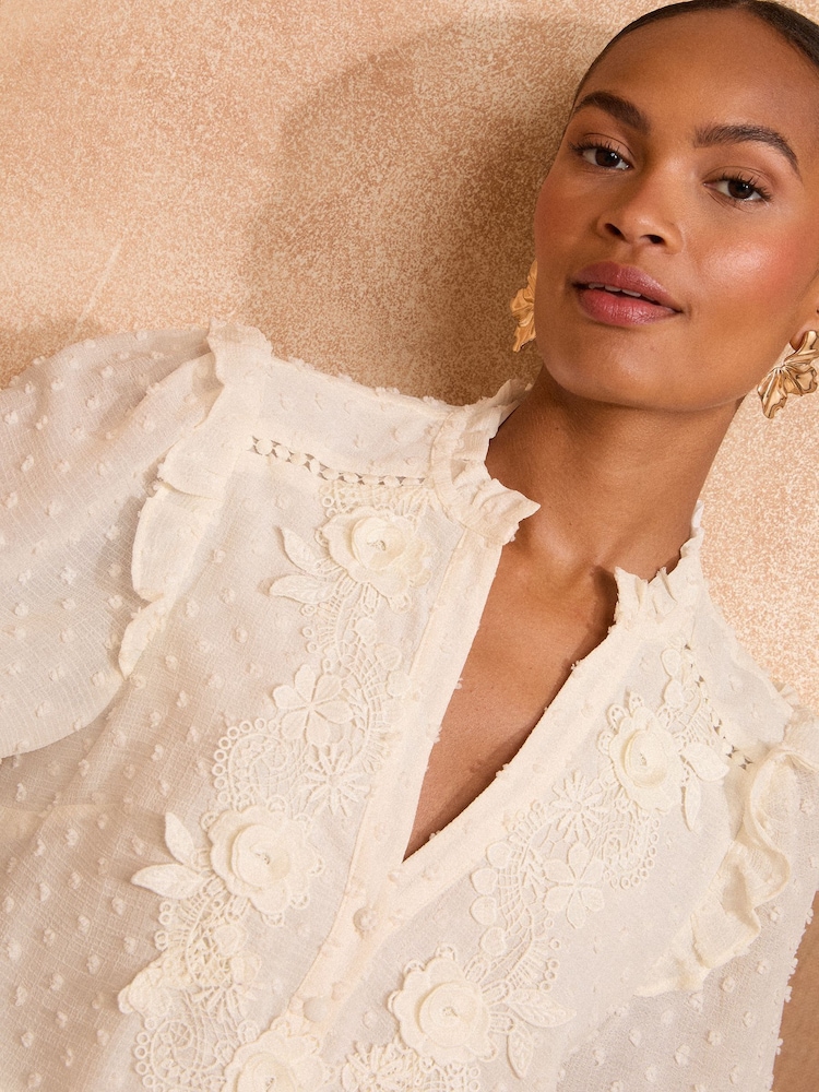 Love & Roses Ivory Short Sleeve V-Neck Dobby Blouse - Image 2 of 4 Love & Roses Ivory Short Sleeve V-Neck Dobby Blouse - Image 2 of 4