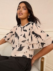Love & Roses Pink Geo Print Print Frill Short Sleeve Crew Neck Blouse - Image 1 of 4