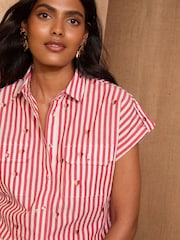 Love & Roses Red Stripe Printed Roll Sleeve Shirt - Image 2 of 4