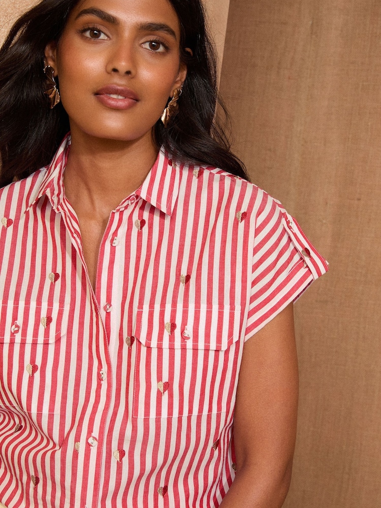 Love & Roses Red Stripe Printed Roll Sleeve Shirt - Image 2 of 4 Love & Roses Red Stripe Printed Roll Sleeve Shirt - Image 2 of 4