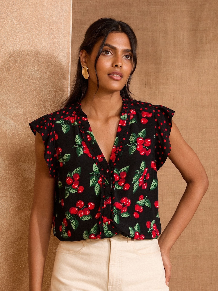 Love & Roses Black Cherry Print Flutter Sleeve V-Neck Blouse - Image 1 of 4 Love & Roses Black Cherry Print Flutter Sleeve V-Neck Blouse - Image 1 of 4