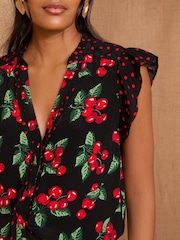 Love & Roses Black Cherry Print Flutter Sleeve V-Neck Blouse - Image 2 of 4