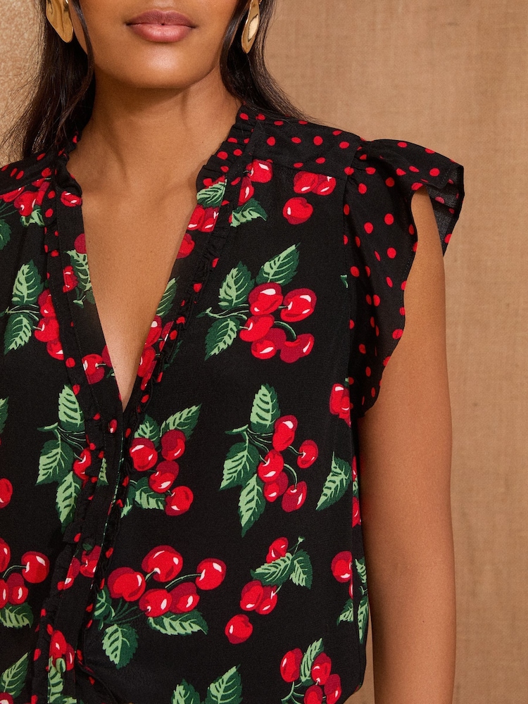 Love & Roses Black Cherry Print Flutter Sleeve V-Neck Blouse - Image 2 of 4
