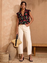 Love & Roses Black Cherry Print Flutter Sleeve V-Neck Blouse - Image 3 of 4