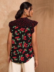 Love & Roses Black Cherry Print Flutter Sleeve V-Neck Blouse - Image 4 of 4
