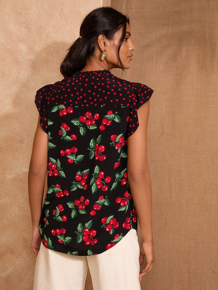 Love & Roses Black Cherry Print Flutter Sleeve V-Neck Blouse - Image 4 of 4