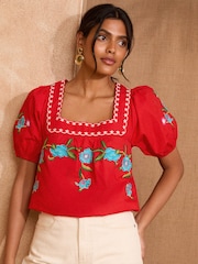 Love & Roses Red Square Neck Embroidered Short Sleeve Top - Image 1 of 4