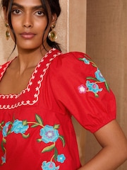 Love & Roses Red Square Neck Embroidered Short Sleeve Top - Image 2 of 4
