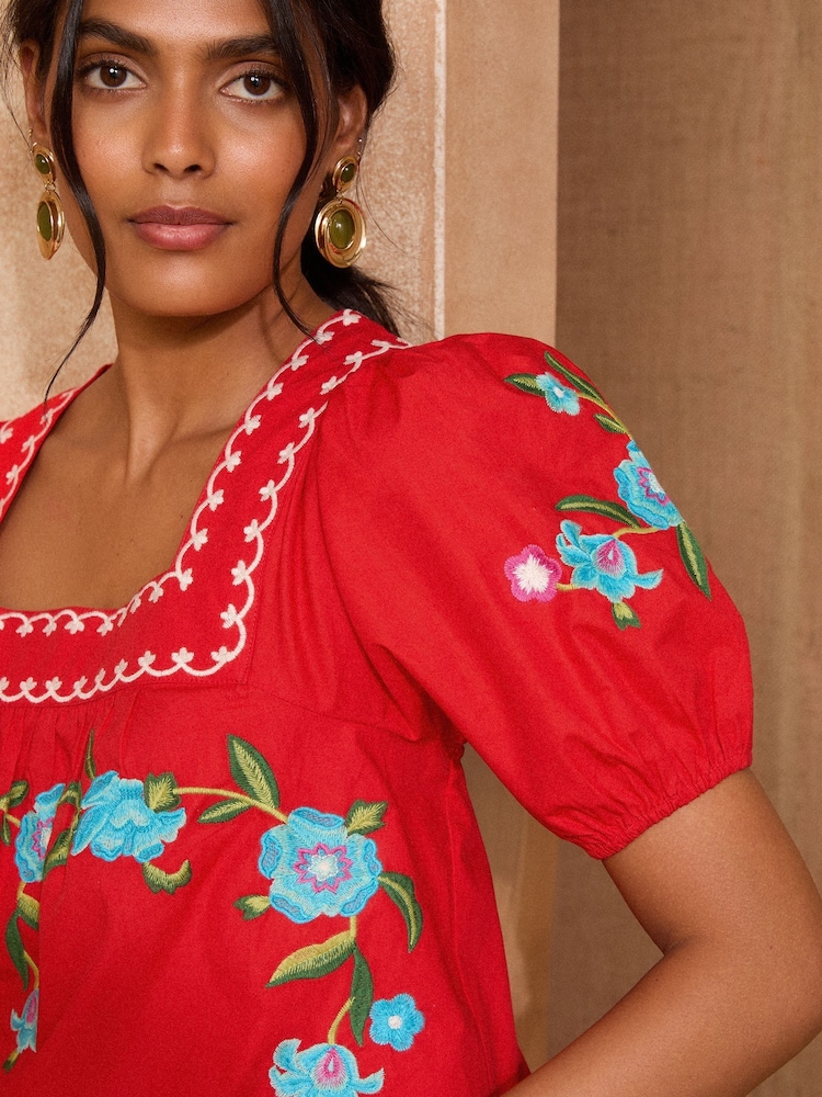 Love & Roses Red Square Neck Embroidered Short Sleeve Top - Image 2 of 4