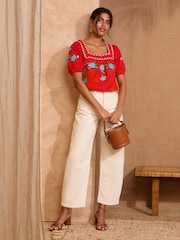 Love & Roses Red Square Neck Embroidered Short Sleeve Top - Image 3 of 4