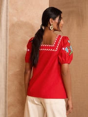 Love & Roses Red Square Neck Embroidered Short Sleeve Top - Image 4 of 4