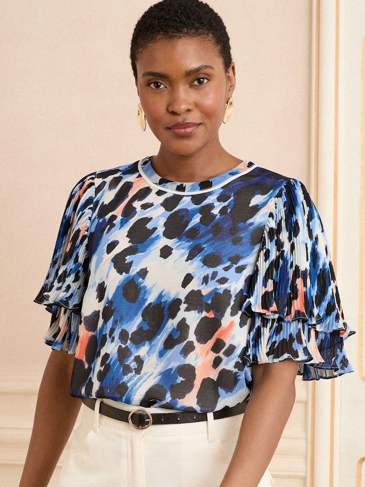 Love & Roses Blue Animal Print Frill Short Sleeve Crew Neck Blouse - Image 1 of 4
