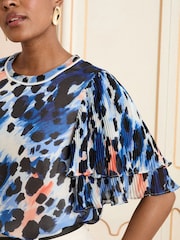 Love & Roses Blue Animal Print Frill Short Sleeve Crew Neck Blouse - Image 2 of 4