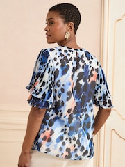 Love & Roses Blue Animal Print Frill Short Sleeve Crew Neck Blouse - Image 4 of 4