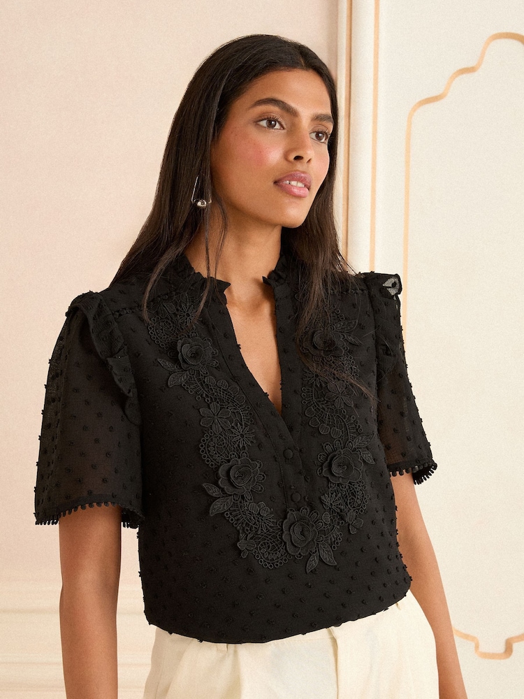 Love & Roses Black Short Sleeve V-Neck Dobby Blouse - Image 1 of 4