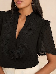 Love & Roses Black Short Sleeve V-Neck Dobby Blouse - Image 2 of 4