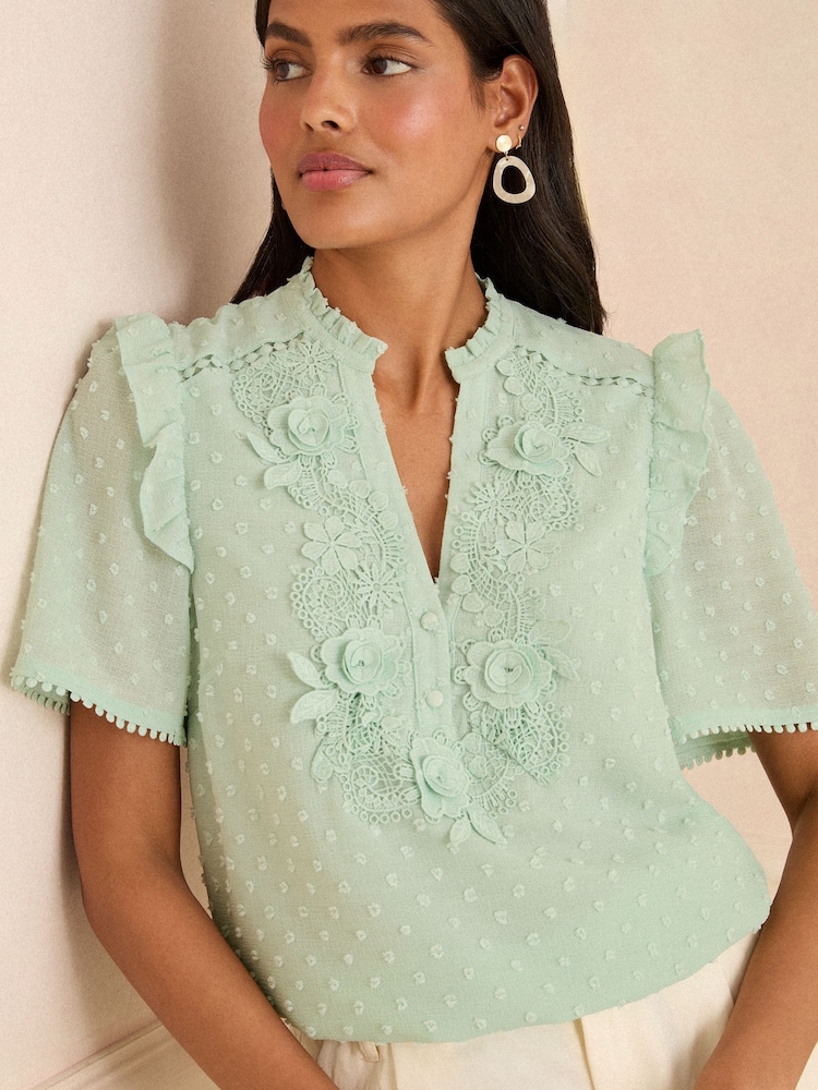 Love & Roses Mint Green Short Sleeve V-Neck Dobby Blouse - Image 1 of 4