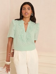 Love & Roses Mint Green Short Sleeve V-Neck Dobby Blouse - Image 2 of 4
