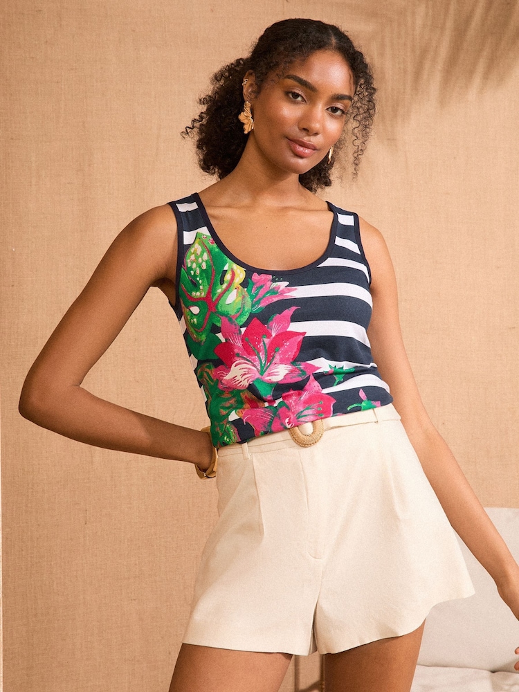 Love & Roses Navy Stripe Floral Print Scoop Neck Vest - Image 1 of 4