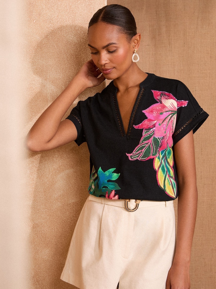Love & Roses Black Floral Sequin Trim V-Neck Jersey T-Shirt - Image 1 of 4 Love & Roses Black Floral Sequin Trim V-Neck Jersey T-Shirt - Image 1 of 4