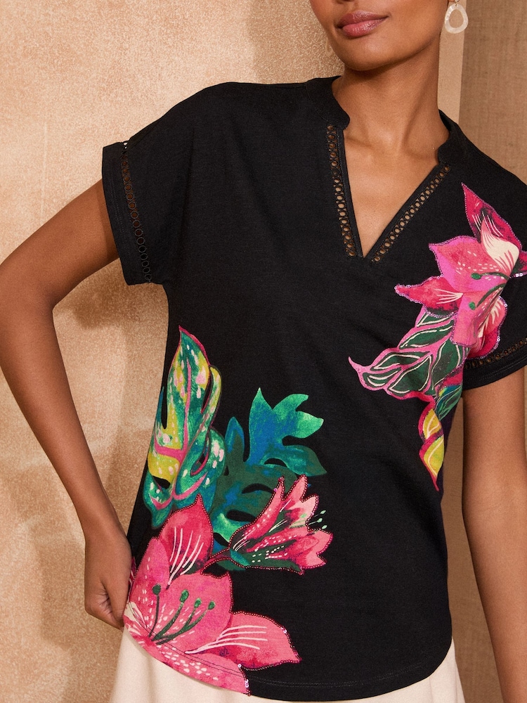 Love & Roses Black Floral Sequin Trim V-Neck Jersey T-Shirt - Image 2 of 4 Love & Roses Black Floral Sequin Trim V-Neck Jersey T-Shirt - Image 2 of 4