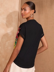Love & Roses Black Floral Sequin Trim V-Neck Jersey T-Shirt - Image 4 of 4