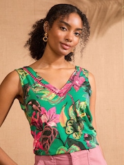 Love & Roses Green and Pink Floral Print V-Neck Jersey Vest - Image 1 of 4