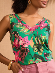 Love & Roses Green and Pink Floral Print V-Neck Jersey Vest - Image 2 of 4