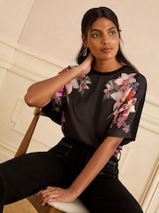Love & Roses Black Floral Satin Front Top - Image 1 of 4