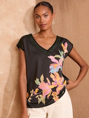 Love & Roses Black Floral PU Trim Satin V-Neck Jersey Back T-Shirt - Image 1 of 4