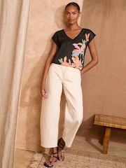 Love & Roses Black Floral PU Trim Satin V-Neck Jersey Back T-Shirt - Image 3 of 4