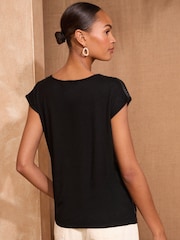 Love & Roses Black Floral PU Trim Satin V-Neck Jersey Back T-Shirt - Image 4 of 4