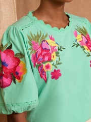 Love & Roses Aqua Blue Tropical Embroidered Jersey Top - Image 2 of 4