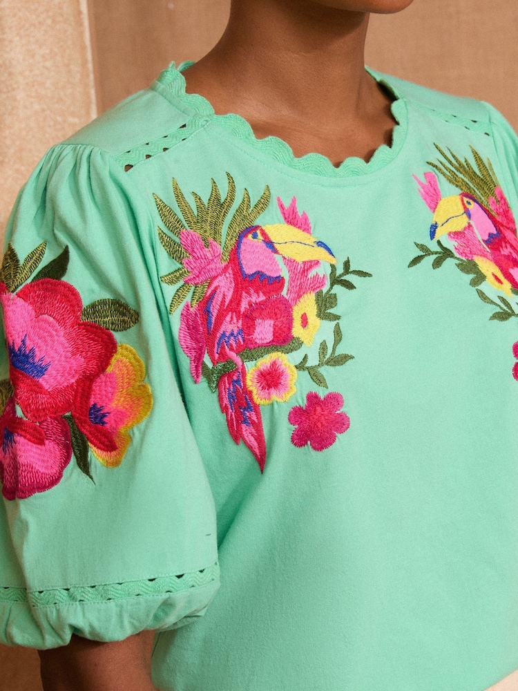 Love & Roses Aqua Blue Tropical Embroidered Jersey Top - Image 2 of 4 Love & Roses Aqua Blue Tropical Embroidered Jersey Top - Image 2 of 4