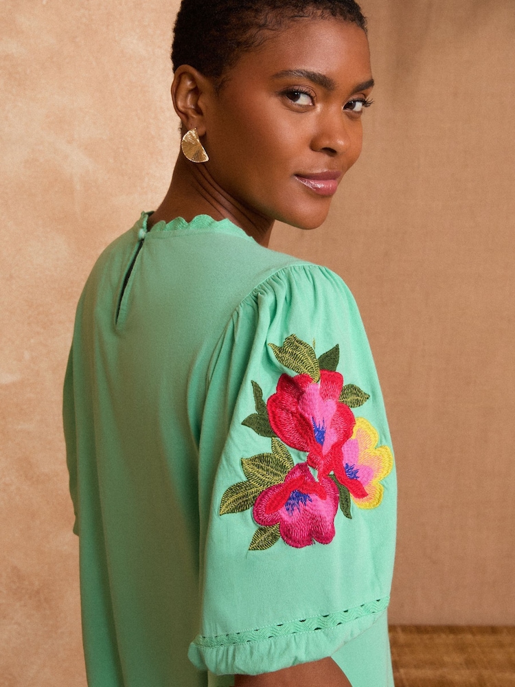 Love & Roses Aqua Blue Tropical Embroidered Jersey Top - Image 4 of 4