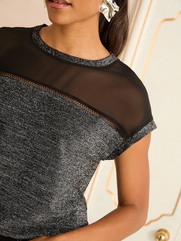 Love & Roses Black Metallic Crew Neck Metallic Top - Image 2 of 4