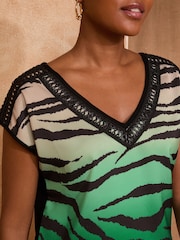 Love & Roses Green Zebra PU Trim Satin V-Neck Jersey Back T-Shirt - Image 2 of 4