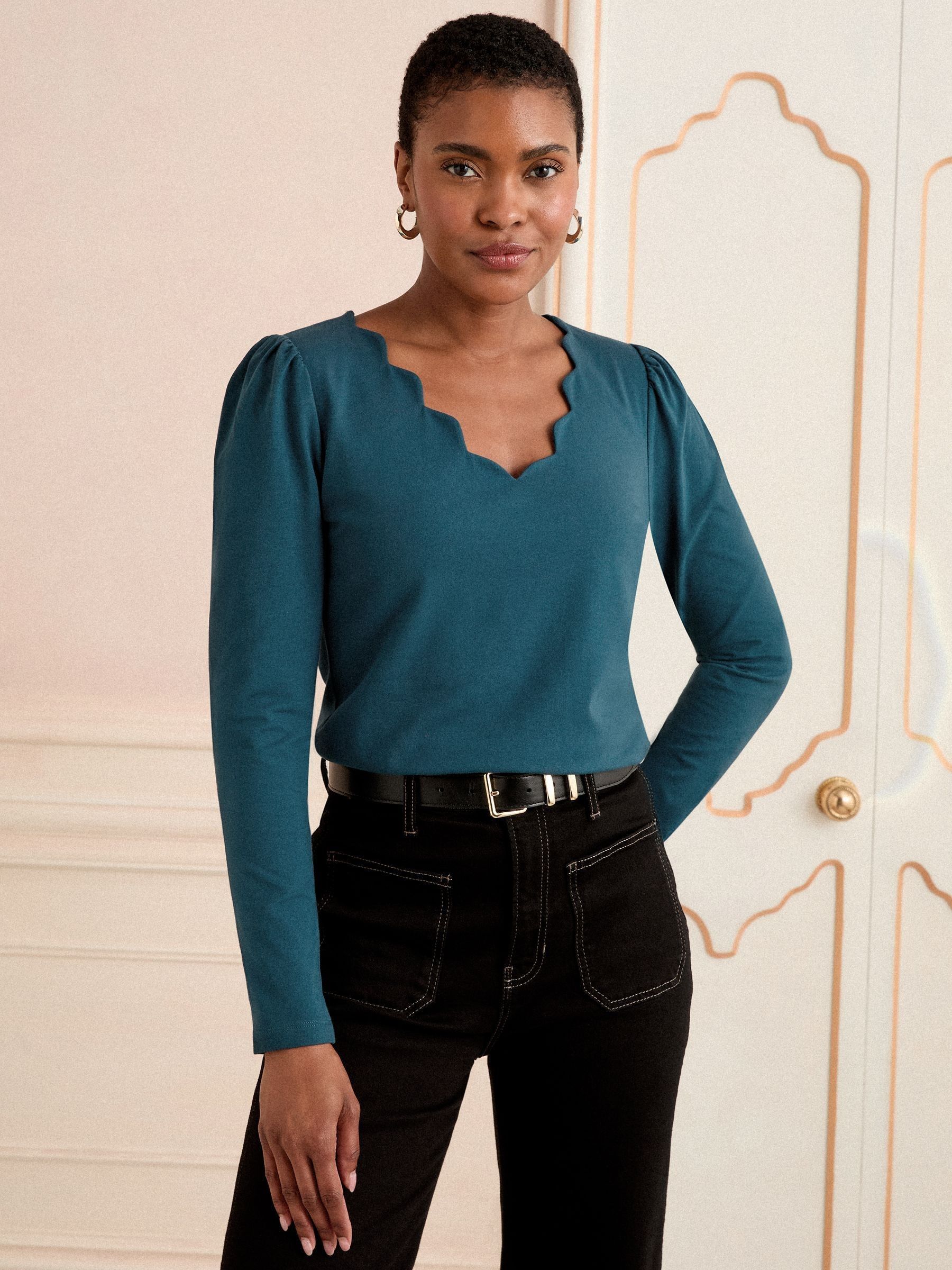 Buy Love & Roses Teal Blue Scallop V-Neck Long Sleeve Jersey Top