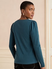 Love & Roses Teal Blue Scallop V-Neck Long Sleeve Jersey Top - Image 2 of 4