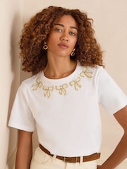 Love & Roses Ivory Embellished Bows Crew Neck T-Shirt - Image 1 of 4