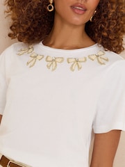 Love & Roses Ivory Embellished Bows Crew Neck T-Shirt - Image 2 of 4