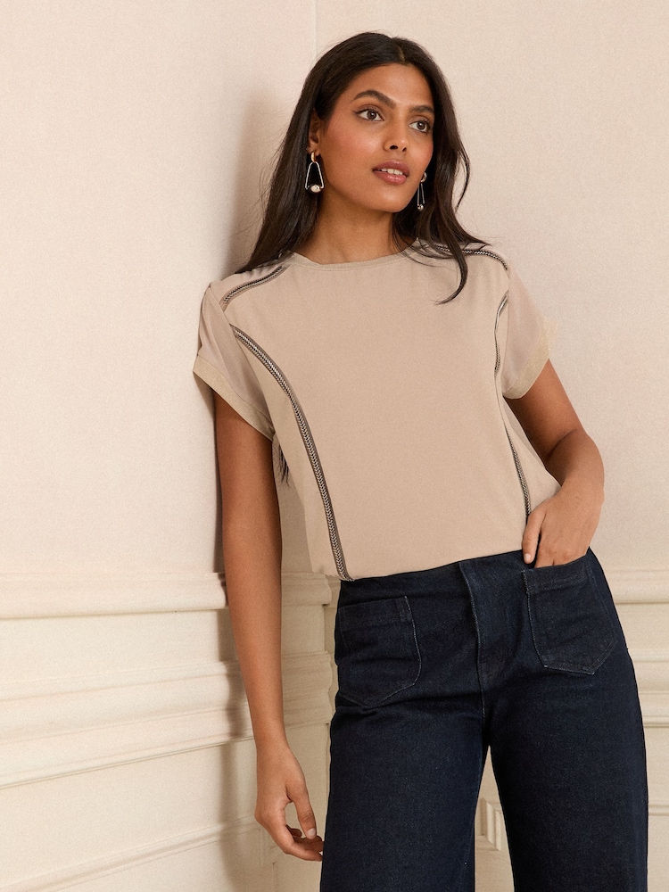 Love & Roses Champagne Gold Chiffon Panel Print Satin Front Jersey Back Crew Neck Top - Image 1 of 4 Love & Roses Champagne Gold Chiffon Panel Print Satin Front Jersey Back Crew Neck Top - Image 1 of 4