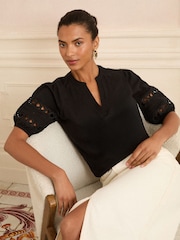 Love & Roses Black Heart Lace Insert V-Neck Jersey T-Shirt - Image 1 of 4