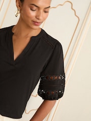 Love & Roses Black Heart Lace Insert V-Neck Jersey T-Shirt - Image 2 of 4