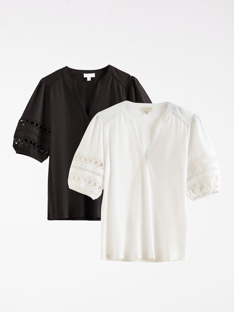 Love & Roses X2 Ivory and Black Heart Lace Insert V-Neck Jersey T-Shirt - Image 1 of 7