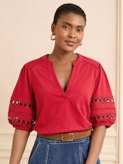 Love & Roses Red Heart Lace Insert V-Neck Jersey T-Shirt - Image 1 of 4